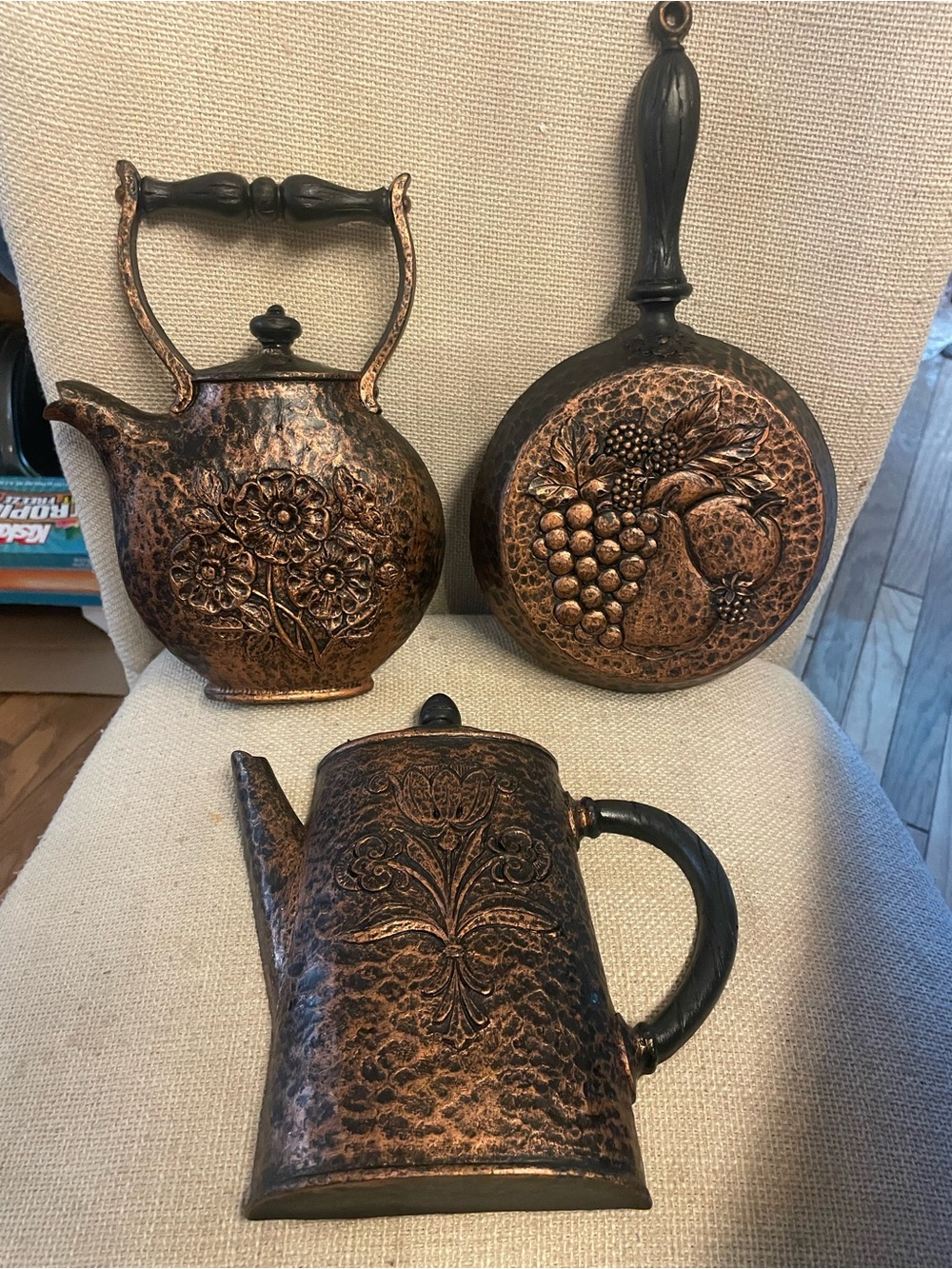 1972 HOMECO vintage Decorative Copper-Tone plastic Floral Coffee Pot and Pan Set